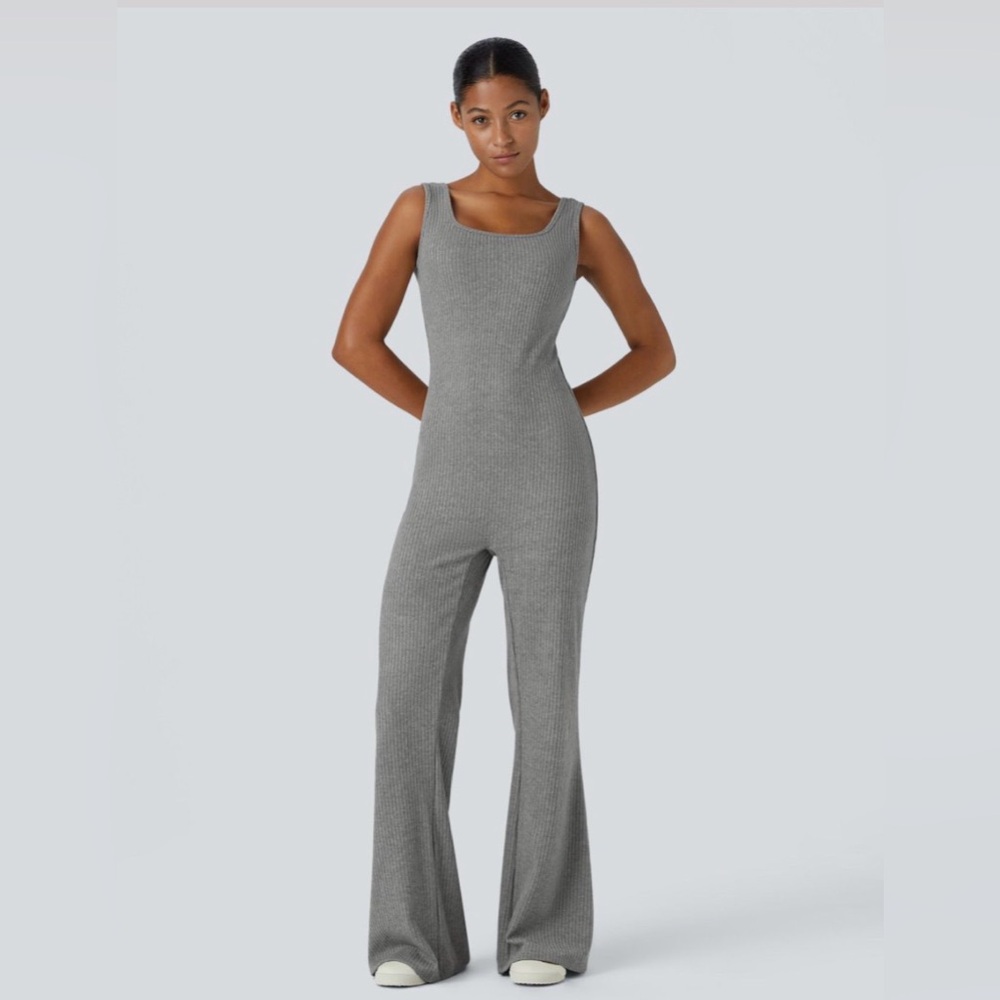 HALARA • Ribbed Knit Square Neck Sleeveless Wide-Leg Casual Jumpsuit - Gray